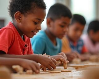 Children learning pottery in a Nauruan school workshop